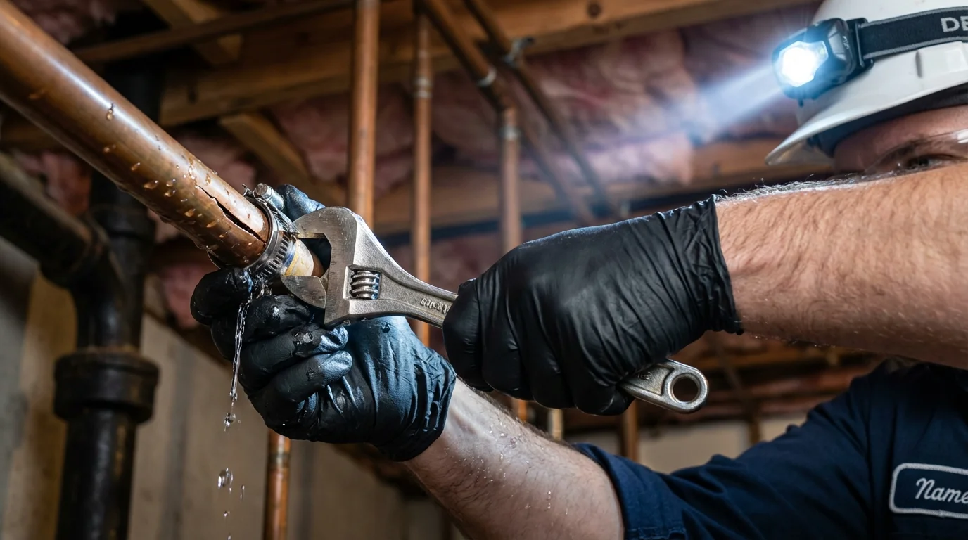 Emergency pipe clamp repair being performed by a Johns Plumbing LLC plumber in Hobart