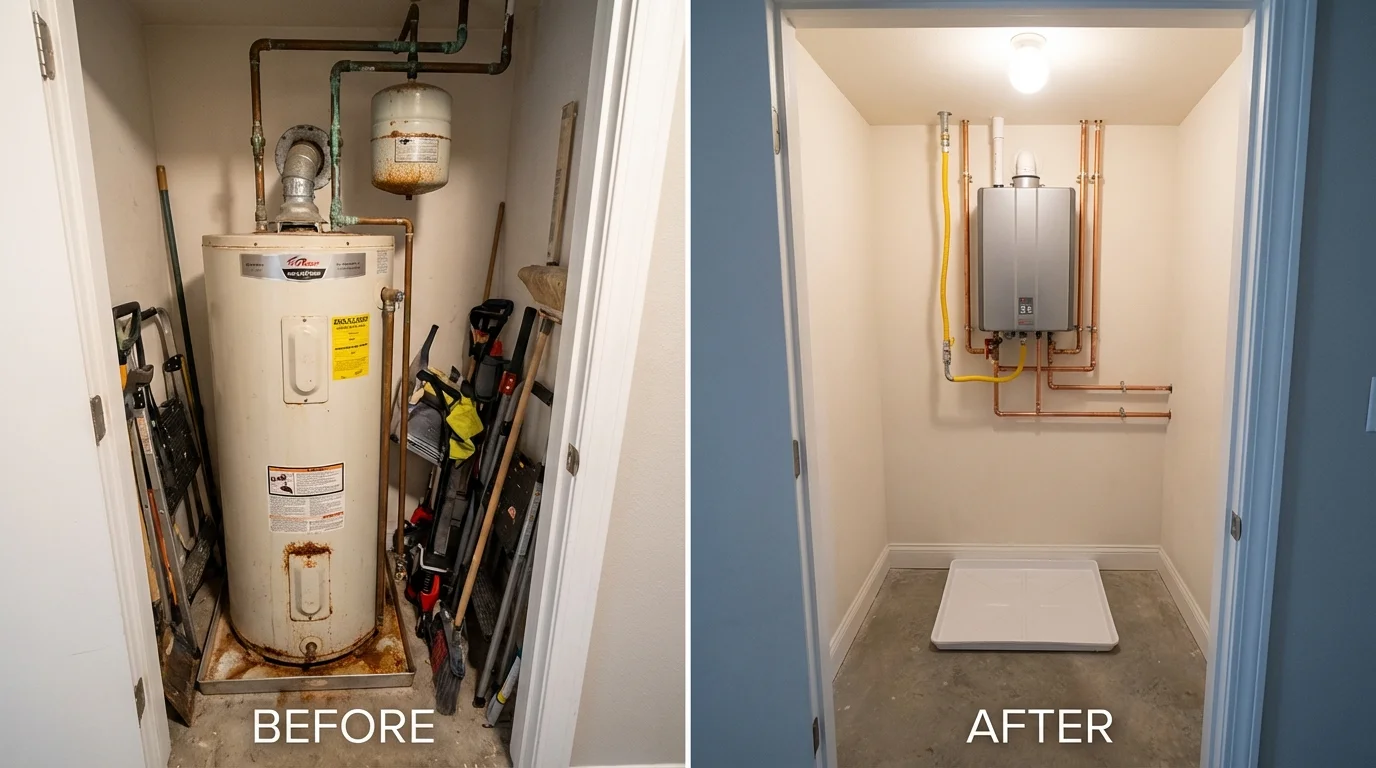 Tank water heater versus wall-mounted tankless unit comparison for Hobart, IN homeowners