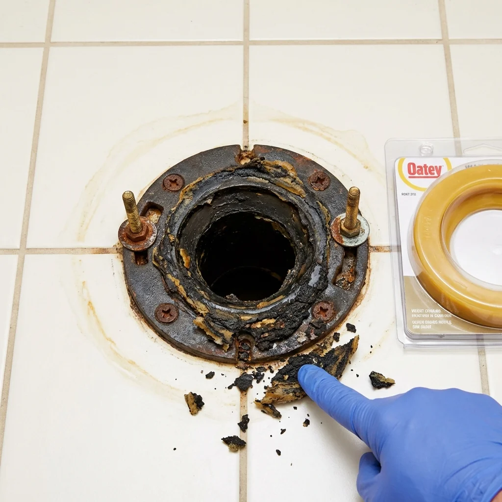 Failed wax ring showing water seepage at the base of a toilet in a Hobart, IN home