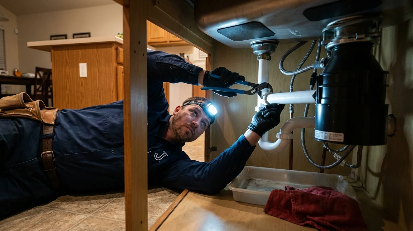 P-trap and supply line connections under a kitchen sink showing a common leak point in Hobart, IN